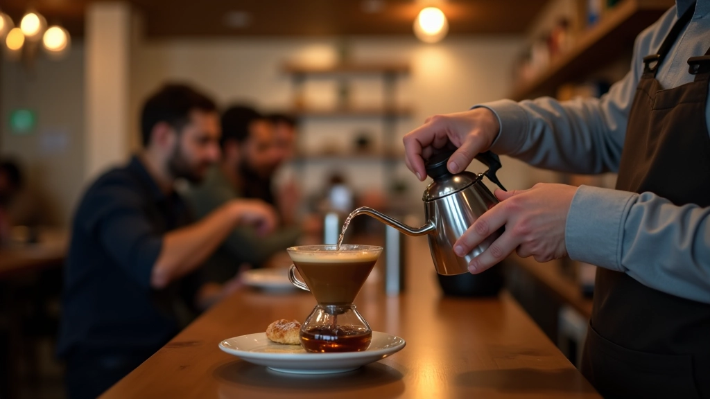 Kahve kafesinde barista, filtre kahve demleme sırasında, müşteriler izliyor, sıcak atmosfer, ince detaylar görülüyor, iç mekan fotoğrafı