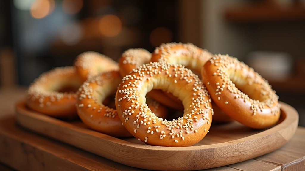 Simit halkaları, susam ve çörekotu kaplı, ahşap tepside istiflenmiş, bakkal tezgahında